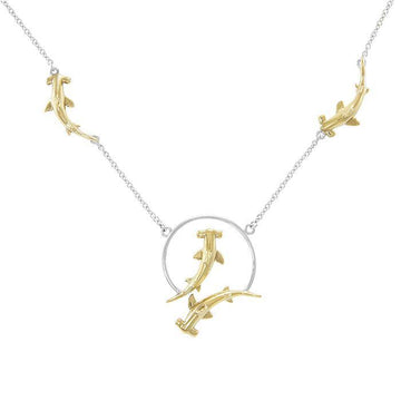 Quadruple Hammerhead Shark Sterling Silver and 14K Gold Accent Necklace MNC296 - Jewelry